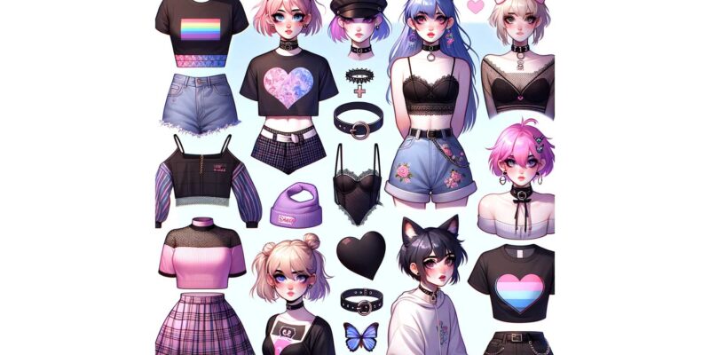 Collage of various femboy fashion items like crop tops, skirts, chokers, scarves, and graphic tees, representing the ultimate guide to femboy clothing.