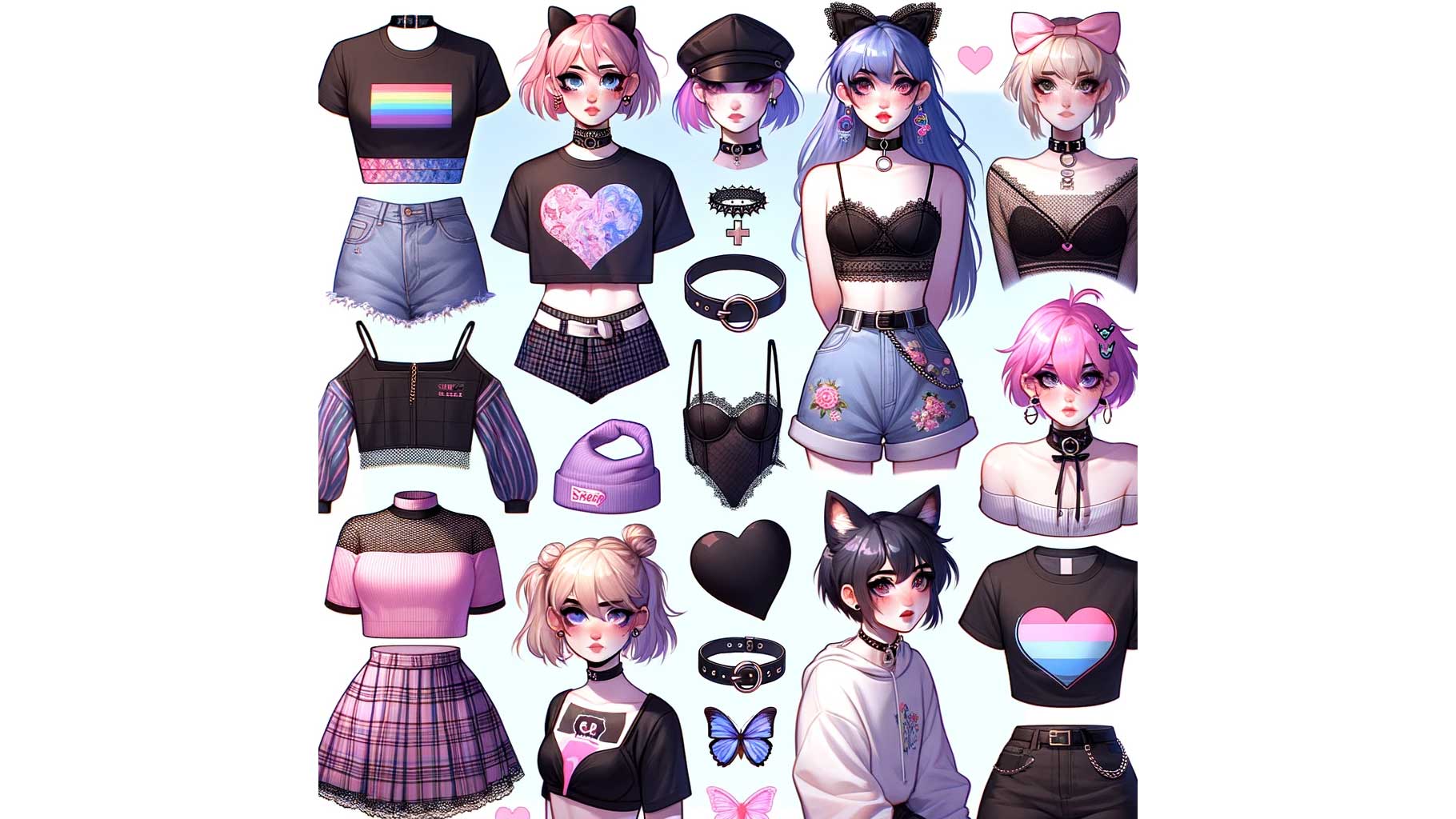 Collage of various femboy fashion items like crop tops, skirts, chokers, scarves, and graphic tees, representing the ultimate guide to femboy clothing.