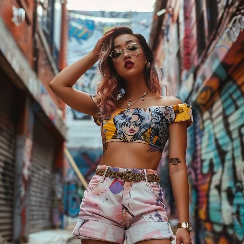 Person wearing a graphic crop top and pastel skirt, confidently posing in an urban environment, representing bold and confident expression in femboy fashion.