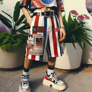 Person wearing a graphic crop top, striped high-waist shorts, and chunky sneakers, representing bold style experimentation for femboy fashion.