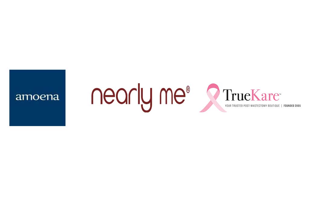 Logos of popular breastform brands like Amoena and Nearly Me.