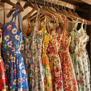 Sundresses and floral rompers hanging neatly on a clothing rack, representing essential femboy wardrobe dresses.