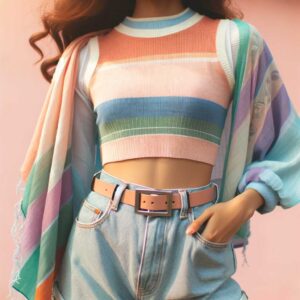 Person wearing a crop top and high-waist shorts with a pastel scarf.