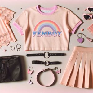Flat lay of femboy wardrobe essentials like crop tops, chokers, and skirts.