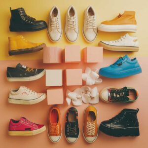 Flat lay or neatly arranged collection of Mary Janes, chunky sneakers, and platform shoes, representing essential femboy footwear.