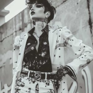 Vintage-inspired photo of a person in a gender-bending outfit, representing the influence of glam rock on femboy fashion.