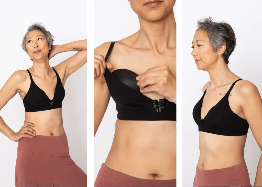Step-by-step guide showing how to insert breastforms into a bra.