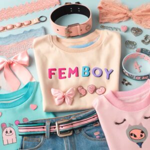 Collection of femboy wardrobe essentials like chokers, scarves, and graphic tees.