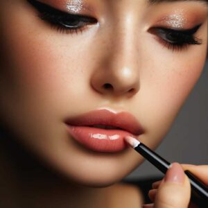 Close-up of a person applying subtle makeup like eyeliner and lip gloss, representing makeup and grooming tips for femboy fashion.