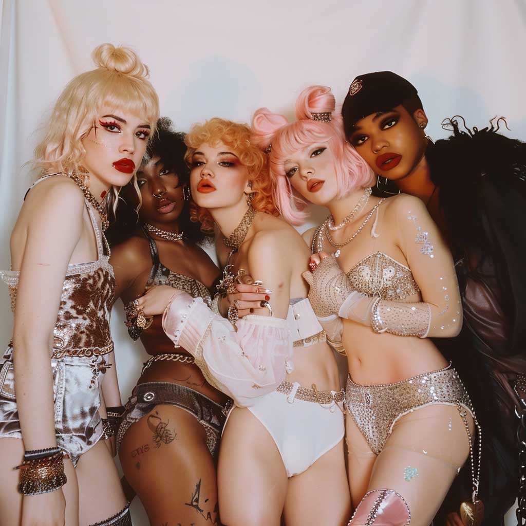 Group of femboys posing together in a joyful group shot, representing the modern-day acceptance of femboy fashion.