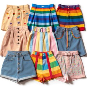 Flat lay of various colorful skirts and shorts, representing essential femboy wardrobe bottoms.