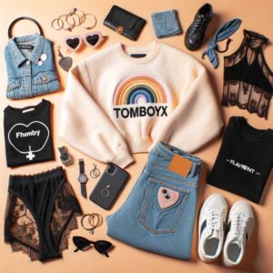 Flat lay or collection of clothing items from specialty brands like TomboyX, Flavnt Apparel, and The Phluid Project, representing femboy-friendly fashion.