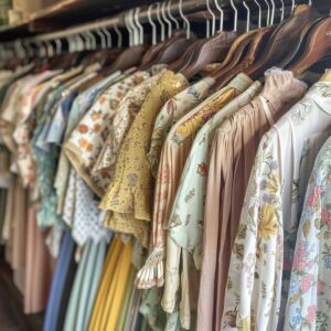 Vintage blouses and skirts hanging neatly on racks in a thrift shop, representing unique fashion finds for femboy fashion.