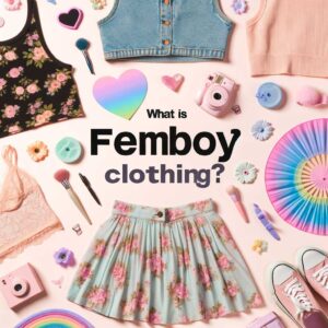 A vibrant flat lay of femboy clothing including crop tops, skirts, and accessories.