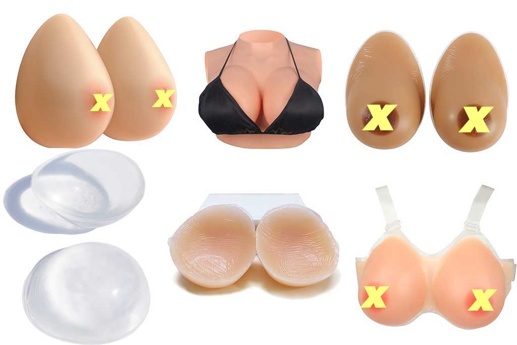 Various types of breastforms displayed on a table.